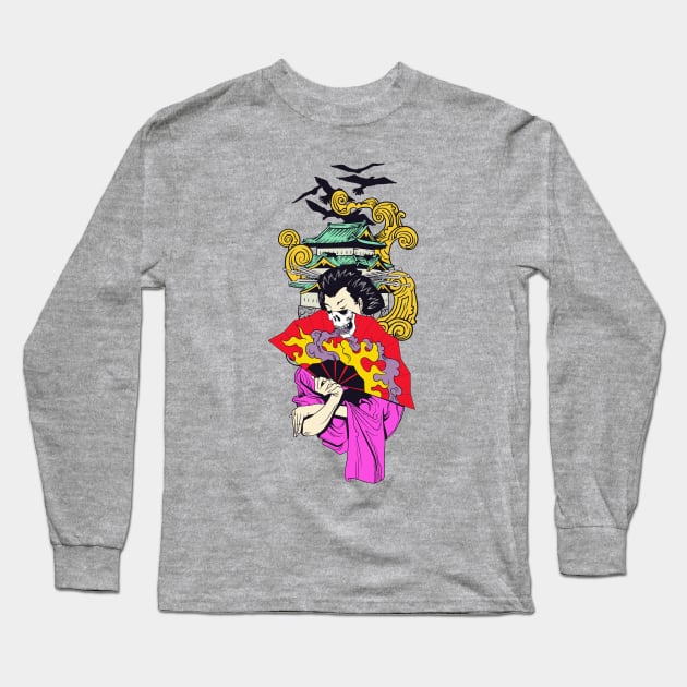 Geisha With Fan Over Pagoda Long Sleeve T-Shirt by MarinasingerDesigns